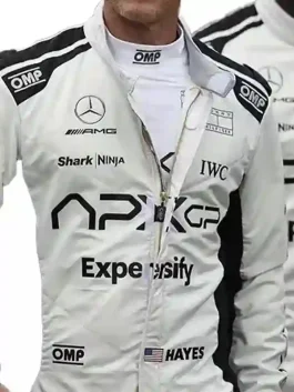 Front view of the F1 The Movie Brad Pitt Racing Suit with sponsor logo and a slim fit.