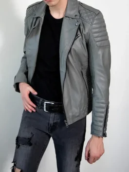 A stylish Grey Leather Motorcycle Jacket made from soft and durable vegan leather.