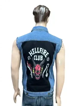 A stylish Hellfire Club Eddie Munson Jacket in a sleeveless blue denim finish with pins.
