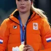 Front view of the Jutta Leerdam Orange Puffer Jacket with a professional and sleek athletic design.