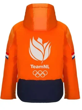 The back view of a Jutta Leerdam Orange Puffer Jacket with a high quality quilted finish and hood.