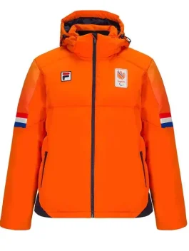Front view of the Jutta Leerdam Orange Puffer Jacket featuring a zip closure and team logo.