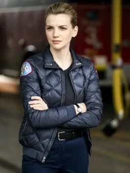 Front view of the Kara Killmer Chicago Fire Black Jacket featuring signature duty patches.
