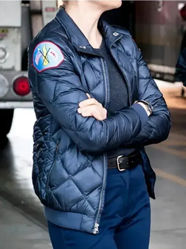A sleek Kara Killmer Chicago Fire Black Jacket made of lightweight parachute fabric.