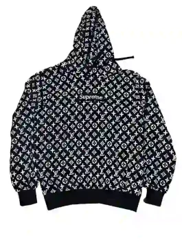 A stylish Louis Vuitton Supreme Hoodie in a sleek black monogram colorway with a soft lining.