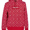 Front view of the Louis Vuitton Supreme Hoodie with rib knitted cuffs.