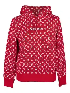 Front view of the Louis Vuitton Supreme Hoodie with rib knitted cuffs.
