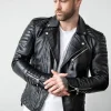 A classic Mens Black Leather Motorcycle Jacket featuring a traditional asymmetrical zip and lapels.