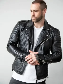 A classic Mens Black Leather Motorcycle Jacket featuring a traditional asymmetrical zip and lapels.