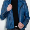 A stylish Mens Blue Leather Motorcycle Jacket with a traditional biker collar and premium blue hide.