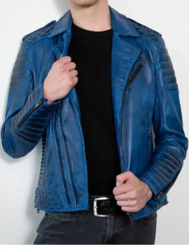 A stylish Mens Blue Leather Motorcycle Jacket with a traditional biker collar and premium blue hide.