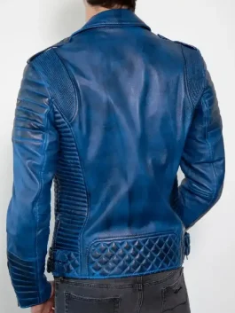 The back view of a Mens Blue Leather Motorcycle Jacket showing clean lines and structured athletic panels.