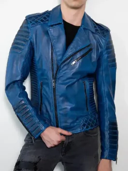 Front view of a Mens Blue Leather Motorcycle Jacket with reinforced stitching and a secure asymmetrical zip.