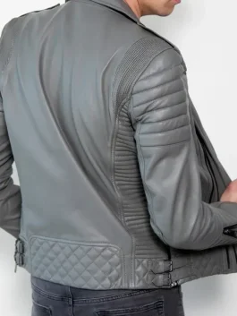 A classic Grey Leather Motorcycle Jacket with a smooth slate finish and a comfortable fit.