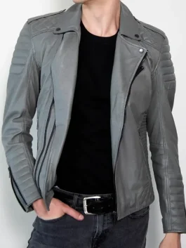 A trendy Grey Leather Motorcycle Jacket featuring a traditional collar and silver hardware.