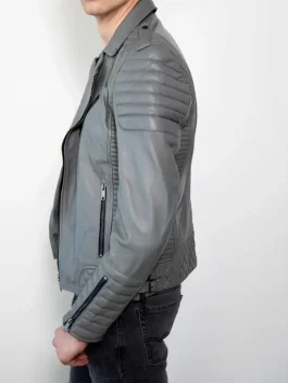 Side view of a Grey Leather Motorcycle Jacket showing the sleeve detail and clean stitching.