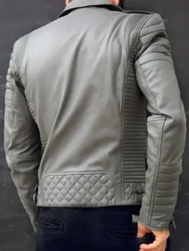 The back view of a Grey Leather Motorcycle Jacket with a smooth and clean surface.