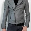 Front view of a Grey Leather Motorcycle Jacket featuring industrial grade hardware and a grey finish.