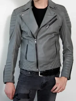 Front view of a Grey Leather Motorcycle Jacket featuring industrial grade hardware and a grey finish.