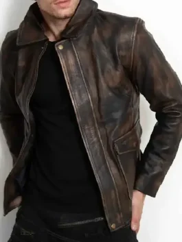Mens Indiana Jones Leather Jacket showing a rich brown texture and a comfortable silhouette for high energy movement.