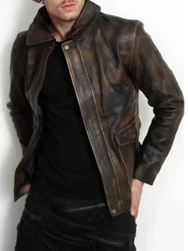 Mens Indiana Jones Leather Jacket with a professional front view showcasing the expert stitching and sleek finish.