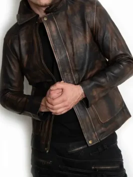 Mens Indiana Jones Leather Jacket featuring a premium vegan finish and a rugged brown tone for an adventurous look.