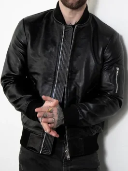 Front view of a Mens Premium Black Leather Bomber Jacket with a classic zip closure.