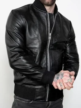 A stylish Mens Premium Black Leather Bomber Jacket featuring ribbed cuffs and a smooth finish.