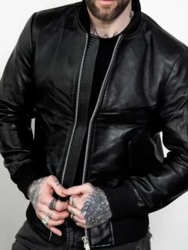 A classic Mens Premium Black Leather Bomber Jacket with a durable texture and athletic fit.