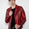 A stylish Mens Red Vegan Leather Motorcycle Jacket with a traditional asymmetrical zip and bold red hue.