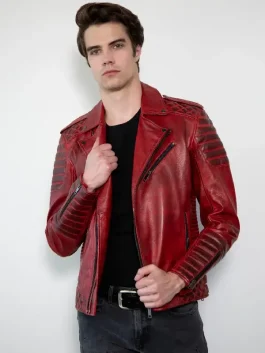 A stylish Mens Red Vegan Leather Motorcycle Jacket with a traditional asymmetrical zip and bold red hue.