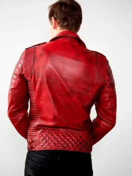 The back view of a Mens Red Vegan Leather Motorcycle Jacket showing clean lines and structured panels.