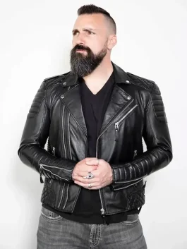 A rugged Mens Black Leather Motorcycle Jacket crafted from high quality vegan leather.
