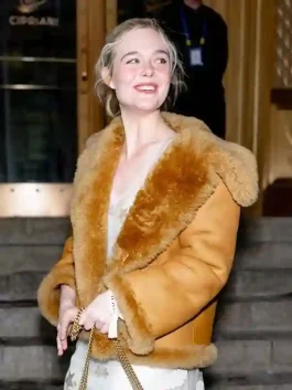 view of the Elle Fanning Brown Shearling Jacket as seen on the streets of NYC in 2026.