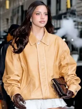 A premium brown NYFW Emilia Mernes Brown Leather Jacket with a shirt style collar and smooth finish.