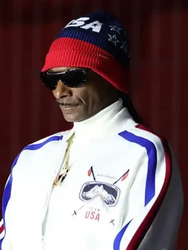 A crisp white Olympics 2026 Snoop Dogg Track Jacket featuring a smooth texture and 2026 logos.
