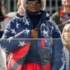 A professional Olympics Snoop Dogg Speed Puffer Jacket featuring a quilted texture and Team USA colors.