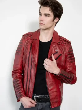 A bold Mens Red Vegan Leather Motorcycle Jacket with high density grain integrity and a vibrant red finish.