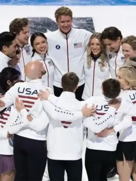 view of the Save The Duck Team USA Jacket featuring a signature orange zip pull and sleek finish.