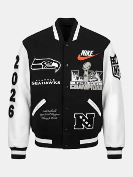 Front profile of the Seattle Seahawks Champs Destroyer Jacket showing the secure fit and high quality collar.