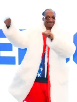 A Snoop Dogg Olympics Fur Coat with a vibrant red trim and oversized athletic silhouette.