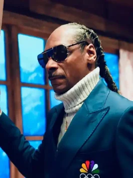A stylish Snoop Dogg Olympics Green Blazer with a sharp peak lapel and a tailored fit for the Olympic stage.