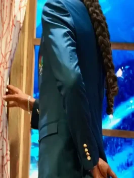 View of the Snoop Dogg Olympics Green Blazer featuring a sophisticated double breasted design and gold buttons.