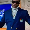 Front profile of the Snoop Dogg Olympics Green Blazer showing the detailed stitching and rich peacock green tone.