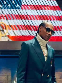 A professional Snoop Dogg Olympics Green Blazer in a rich forest green color as seen on the NBC primetime set.