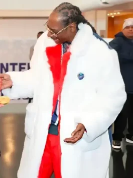 Front view of a white Snoop Dogg Olympics Fur Coat with a sleek texture and vibrant red accents.