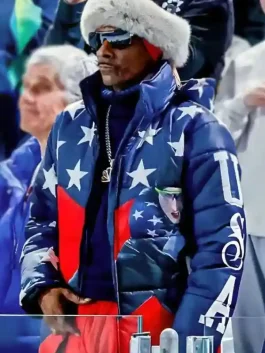 view of the Olympics Snoop Dogg Speed Puffer Jacket with a lightweight design and secure side zipper pockets.