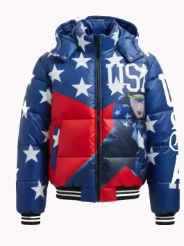 Front view of the Olympics Snoop Dogg Speed Puffer Jacket with a high stand-up collar and black zip closure.