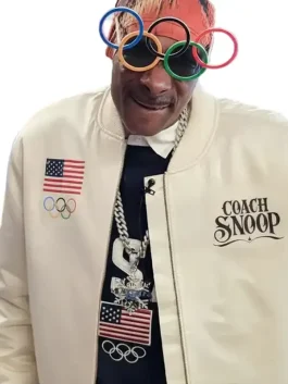 A crisp white Coach Snoop Team USA White Jacket featuring patriotic logos and a sleek athletic fit.