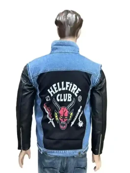The back view of a Hellfire Club Eddie Munson Jacket featuring a large rock band patch.